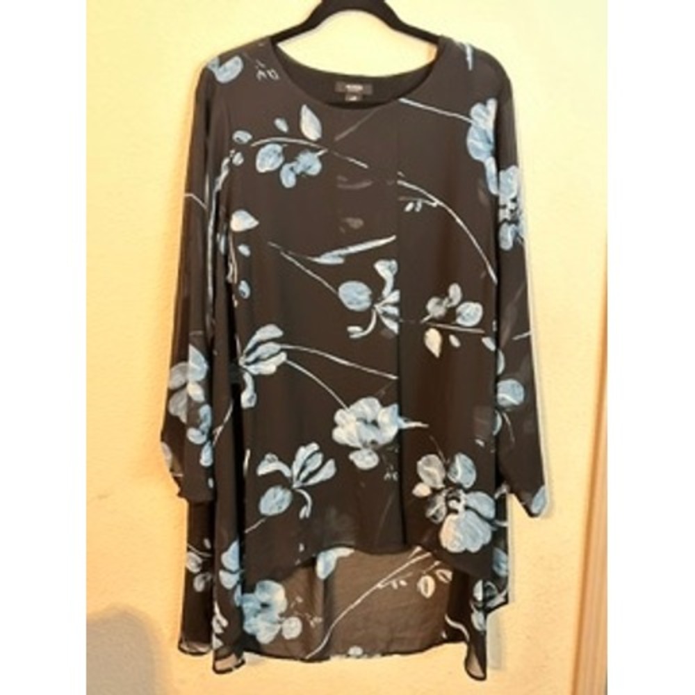 Alfani Floral Tunic Top Womens 2X Black Blue Good High-Low Chiffon Long Sleeve